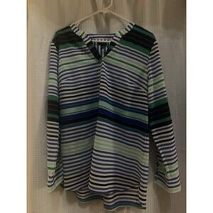 Talbots Womens Large  Top Blue‎ White Stripe Long Sl Half Button Blouse